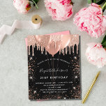 Lámina Invitación a los globos de oro de rosa negro de cu<br><div class="desc">Un fondo negro. Decorada con oro rosa,  chispas rubíes y globos. Personalice y agregue un nombre,  edad 21 y detalles del fiesta. El nombre se escribe con un guión de estilo con letras a mano</div>