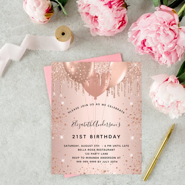 Lámina Invitación a los globos de oro rosa de cumpleaños (Subido por el creador)