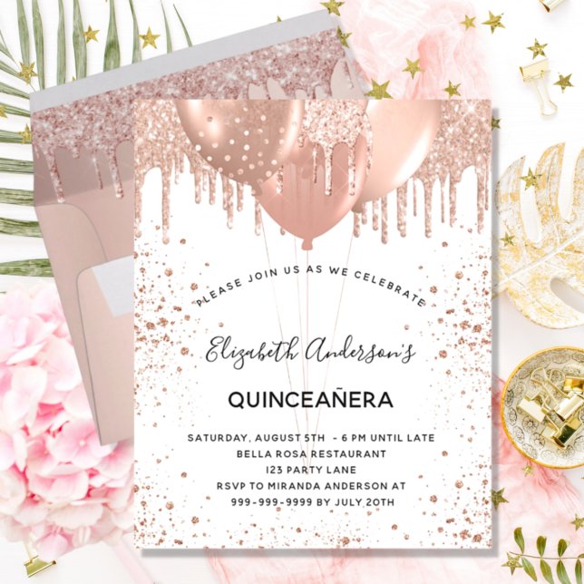 Lámina Invitación a los globos de oro rosa de Quinceanera (Subido por el creador)