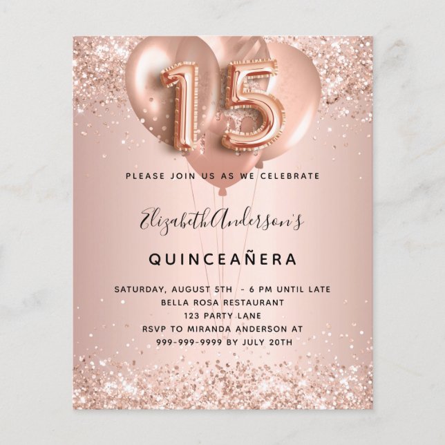 Lámina Invitación a los globos de oro rosa de Quinceanera (Anverso)