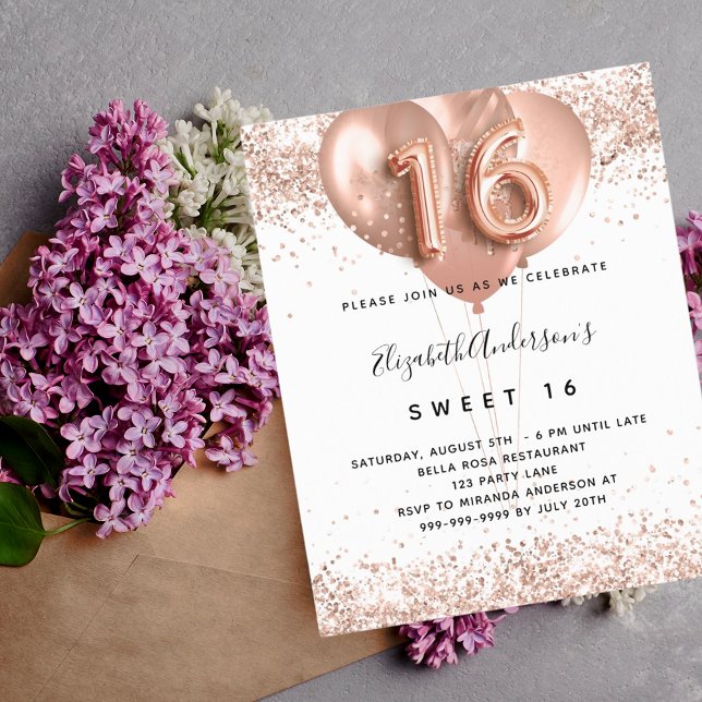 Lámina Invitación a los globos de oro rosa Sweet 16 (Subido por el creador)