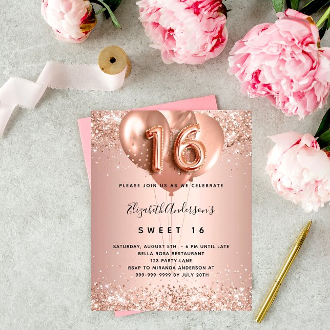 Lámina Invitación a los globos de oro rosa Sweet 16 (Subido por el creador)