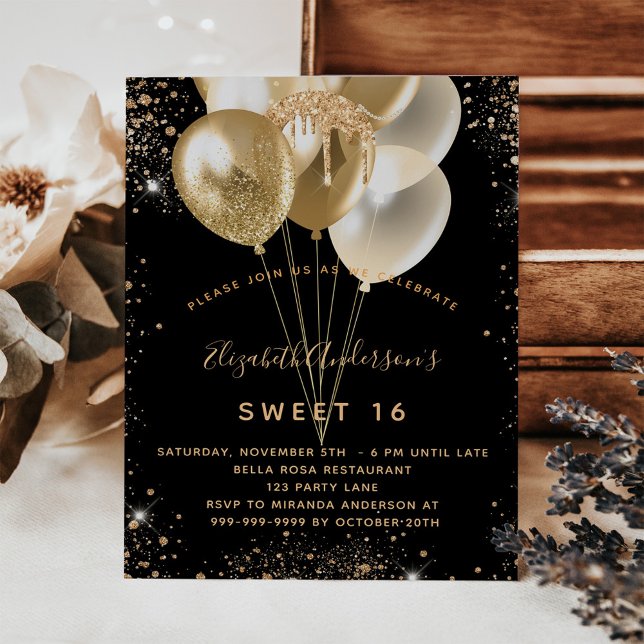 Lámina Invitación a los globos purpurinas dorados dulces  (Subido por el creador)