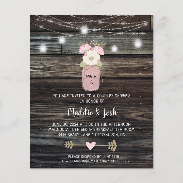 Lámina Invitación a Mason Jar de las Parejas Rústicas Pre (Anverso)