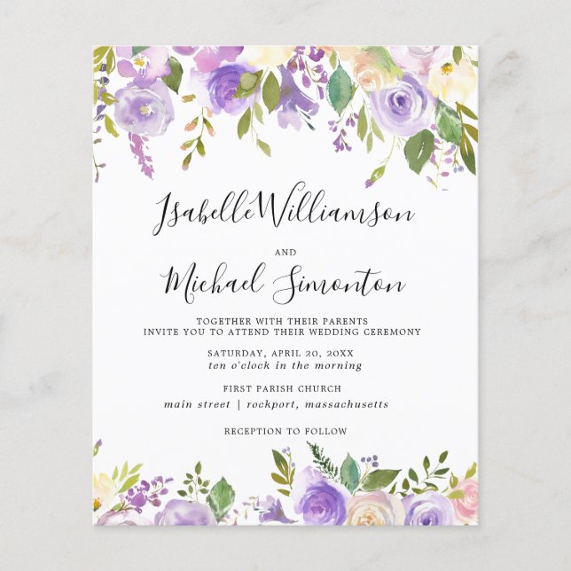 Lámina Invitación a matrimonio botánico floral púrpura (Anverso)