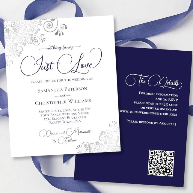 Lámina Invitación a matrimonio con código QR azul de la M (Front/Back)