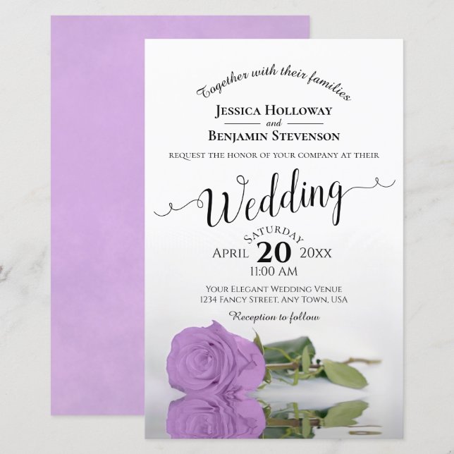Lámina Invitación a matrimonio con Rosa Lilac Purple Moda (Anverso / Reverso)