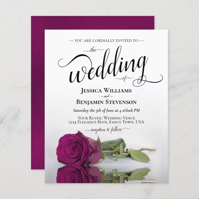Lámina Invitación a matrimonio con Rosa magenta simple (Anverso / Reverso)