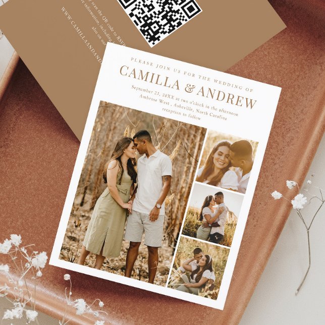 Lámina Invitación a matrimonio de código QR con foto de B (Budget 4 Photo Collage Wedding Invitation with QR Code RSVP on the back.
)