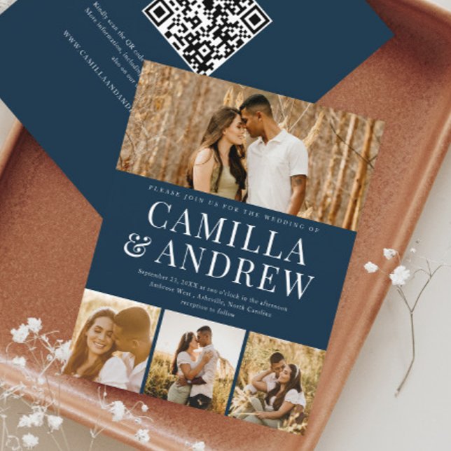 Lámina Invitación a matrimonio de código QR con foto de B (A modern typography 4 photo navy blue wedding invitation with QR Code RSVP on the back.)