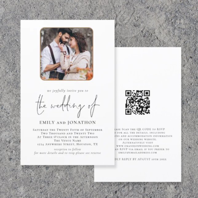 Lámina Invitación a matrimonio de código QR de foto cuadr (Front  and back view)