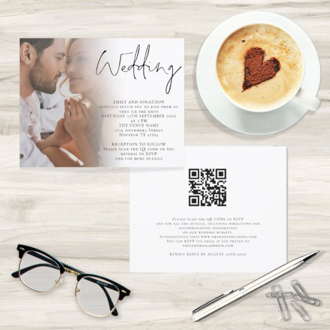Lámina Invitación a matrimonio de código QR de la foto de (Front and back view. Budget price smaller alternative)