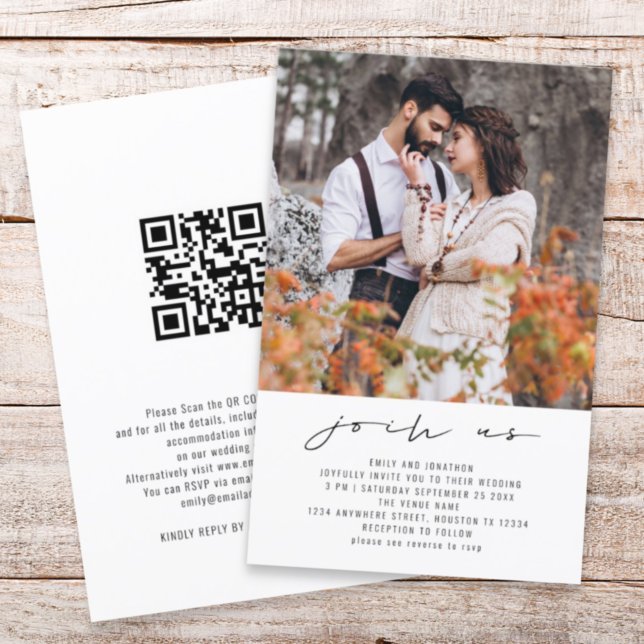Lámina Invitación a matrimonio de código QR de la foto de (Front and back view. Larger size budget price invitation)