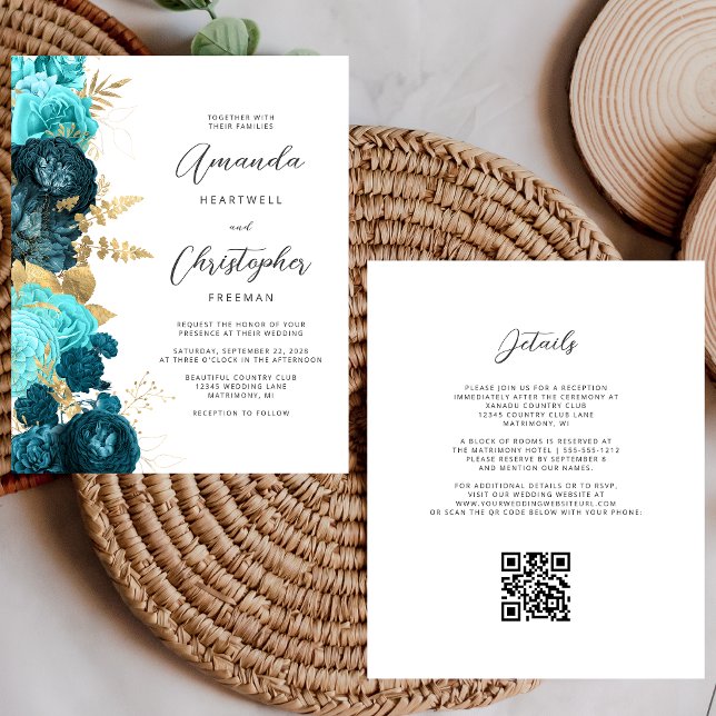 Lámina Invitación a matrimonio de código QR floral de oro (Subido por el creador)
