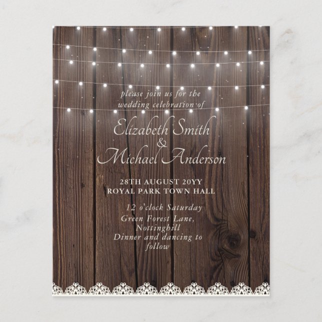 Lámina Invitación a matrimonio de encaje para luces rusti (Anverso)
