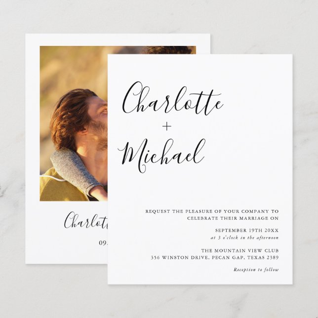 Lámina Invitación a matrimonio de foto con guión Minimali (Anverso / Reverso)