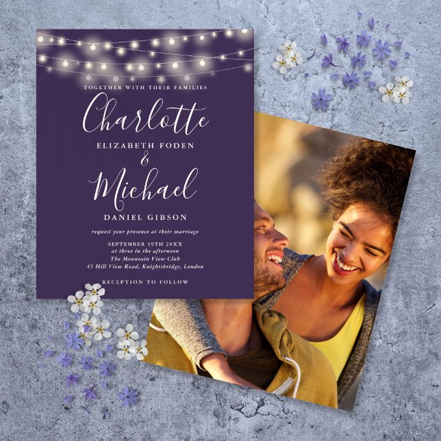 Lámina Invitación a matrimonio de foto de luz púrpura de  (Budget Purple Lights Photo Wedding Invitation)
