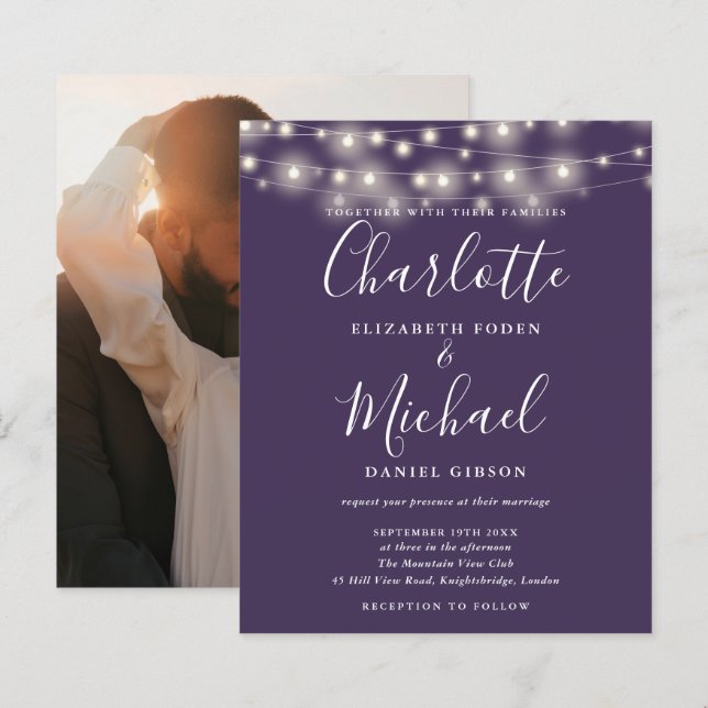 Lámina Invitación a matrimonio de foto de luz púrpura de  (Anverso / Reverso)