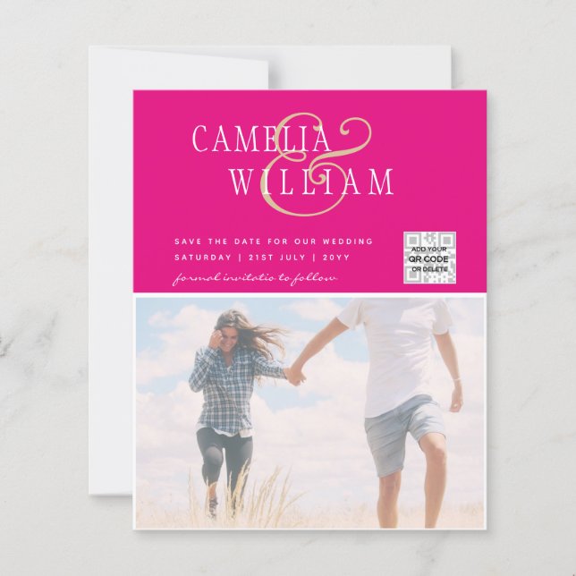 Lámina Invitación a matrimonio de foto rosa Código QR Fec (Anverso)