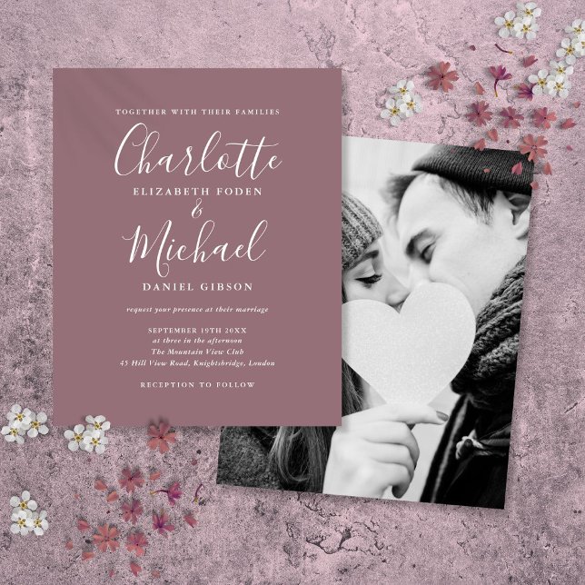 Lámina Invitación a matrimonio de fotos con guión gráfico (Budget Mauve Script Photo Wedding Invitation)
