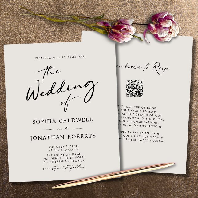 Lámina Invitación a matrimonio de la cáscara de la cáscar (Wedding Invitation Budget QR Code RSVP Modern Calligraphy Eggshell)