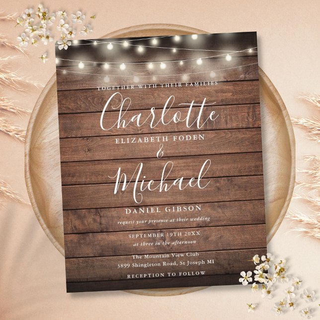 Lámina Invitación a matrimonio de las luces de cadena rus (Budget Rustic String Lights Wedding Invitation)