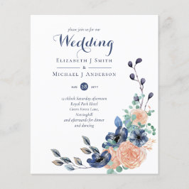 Lámina Invitación a matrimonio floral de coral azul de la