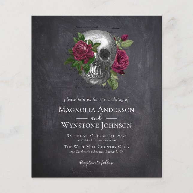 Lámina Invitación a matrimonio floral de cráneo gótico co (Anverso)