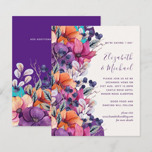 Lámina Invitación a matrimonio floral de Naranja púrpura  (Anverso / Reverso)