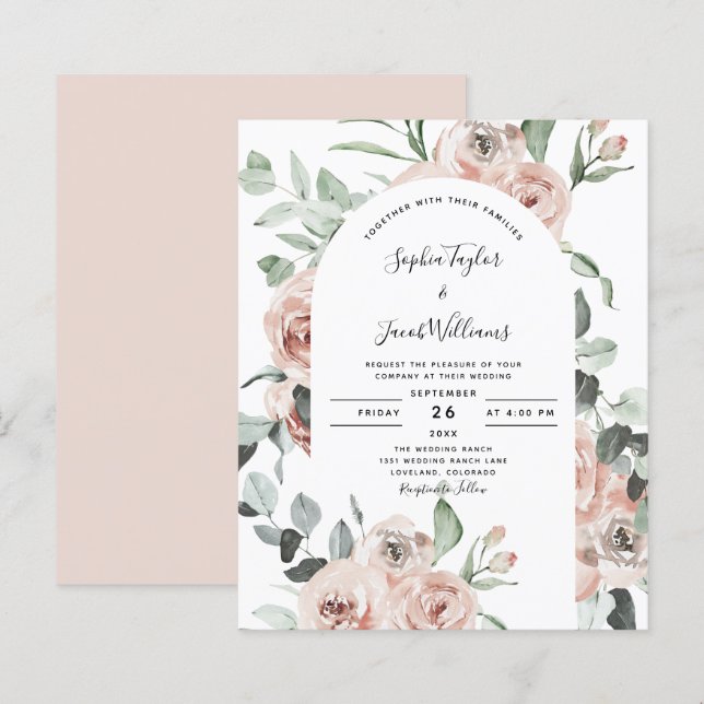 Lámina Invitación a matrimonio floral de rosas rosadas po (Anverso / Reverso)