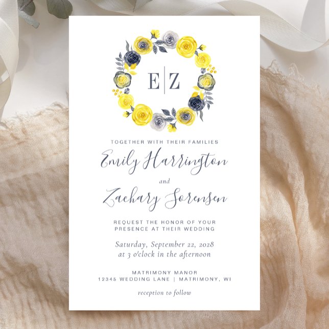 Lámina Invitación a matrimonio floral gris amarillo monog (Subido por el creador)
