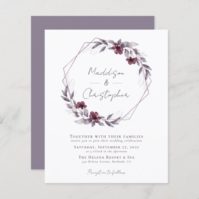 Lámina Invitación a matrimonio floral púrpura con polvo d (Anverso / Reverso)