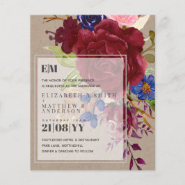 Lámina Invitación a matrimonio floral Rosa azul borgoñés