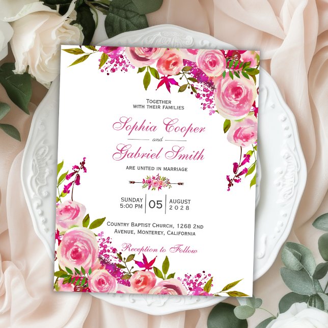 Lámina Invitación a matrimonio floral rosa de Fuchsia (Subido por el creador)