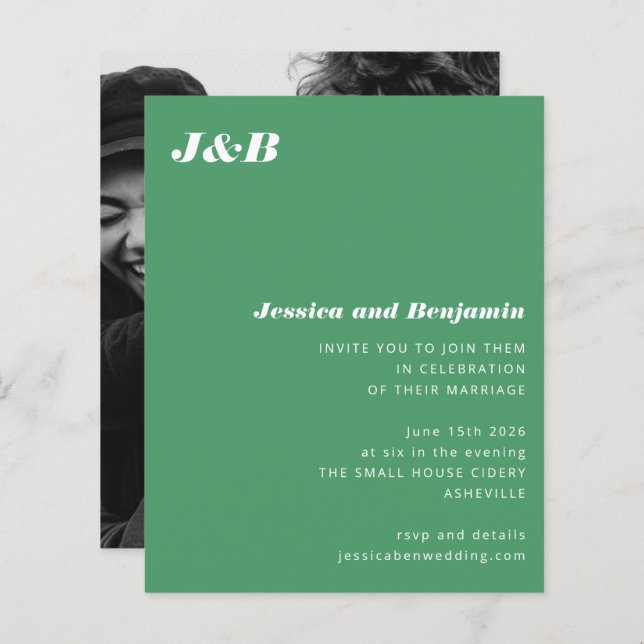 Lámina Invitación a matrimonio fotográfico verde monogram (Anverso / Reverso)