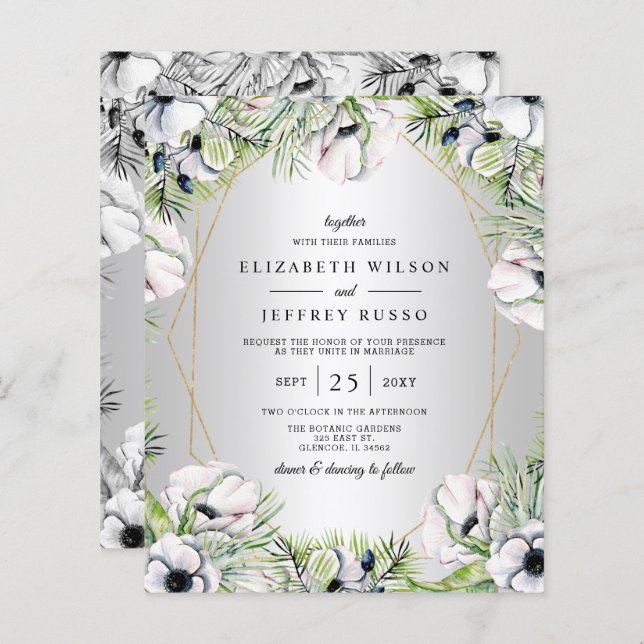Lámina Invitación a matrimonio geométrico floral de plata (Anverso / Reverso)