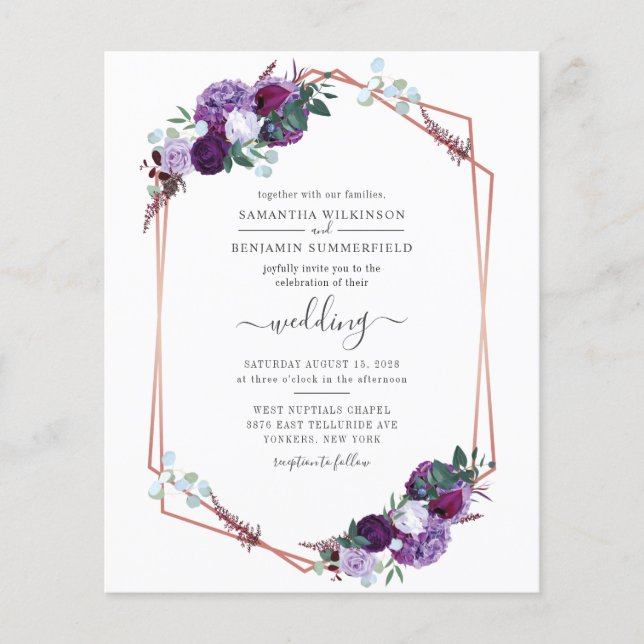 Lámina Invitación a matrimonio geométrico floral púrpura  (Anverso)