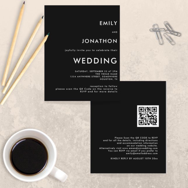 Lámina Invitación a matrimonio negro con código QR simple (Subido por el creador)
