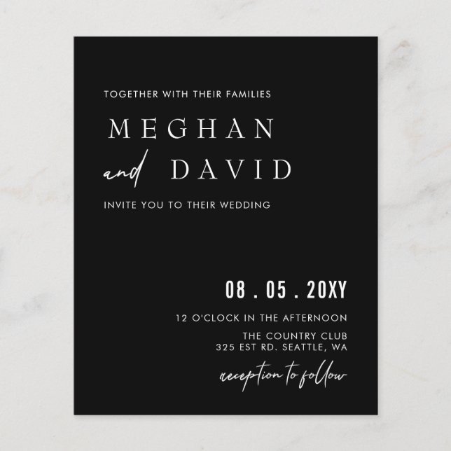 Lámina Invitación a matrimonio negro simple escrito a man (Anverso)