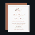Lámina Invitación a matrimonio presupuestal de Monograma<br><div class="desc">Invitación a bodas de estilo tradicional con un diseño sencillo y clásico, con su monograma inicial y sus nombres en una caligrafía elegante dentro de un borde delgado. Todos los elementos de diseño están en un tono de terracota / naranja quemado / óxido / cobre sobre un fondo blanco y...</div>