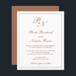 Lámina Invitación a matrimonio presupuestal de Monograma<br><div class="desc">Invitación a bodas de estilo tradicional con un diseño sencillo y clásico, con su monograma inicial y sus nombres en una caligrafía elegante dentro de un borde delgado. Todos los elementos de diseño están en un tono de terracota / naranja quemado / óxido / cobre sobre un fondo blanco y...</div>