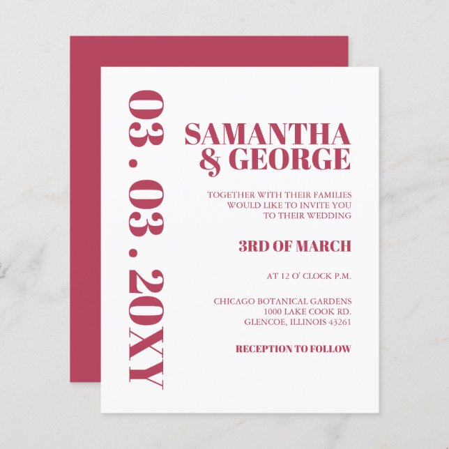 Lámina Invitación a matrimonio retro moderno con magenta  (Anverso / Reverso)