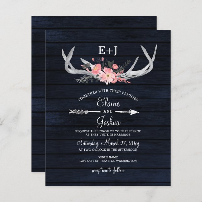 Lámina Invitación a matrimonio Rubor Floral Antler de la  (Anverso / Reverso)