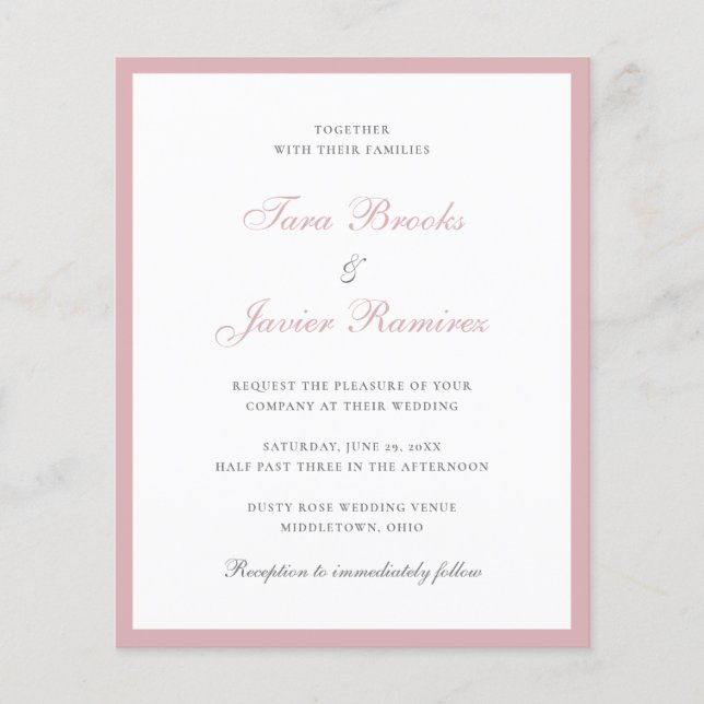 Lámina Invitación a matrimonio simple con Rosa rosado y p (Anverso)