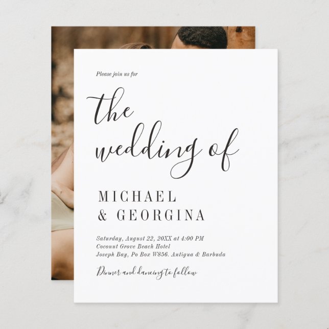 Lámina Invitación a matrimonio simple de foto blanca y ne (Anverso / Reverso)