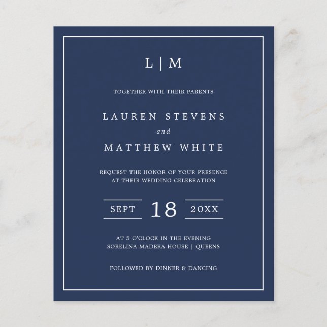 Lámina Invitación a matrimonio simple de monograma azul d (Anverso)