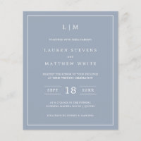 Invitación a matrimonio simple de monograma azul t