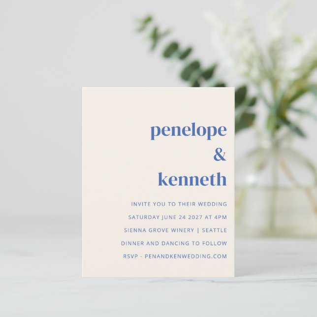 Lámina Invitación a matrimonio simple marfil-azul de pres (Anverso de pie)