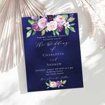 Invitación a matrimonio violeta rosa floral azul p