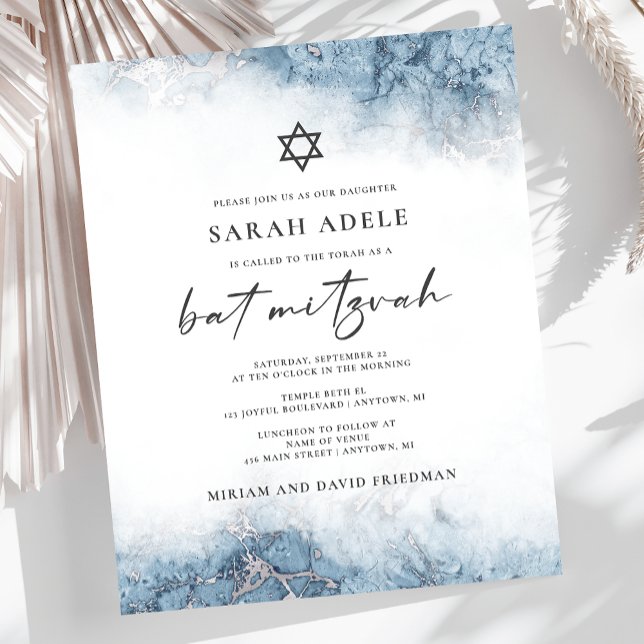 Lámina Invitación a Mitzvah de Barras de Plata Azul Mármo (Subido por el creador)